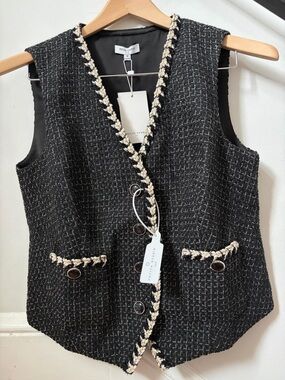 Petite Studio Black Tweed Vest with Ivory Trim Accents